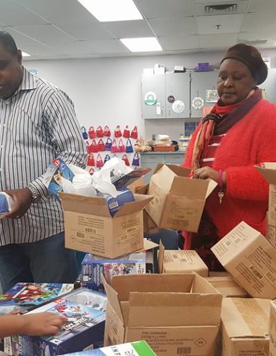 Empty boxes remain after the toys were given out